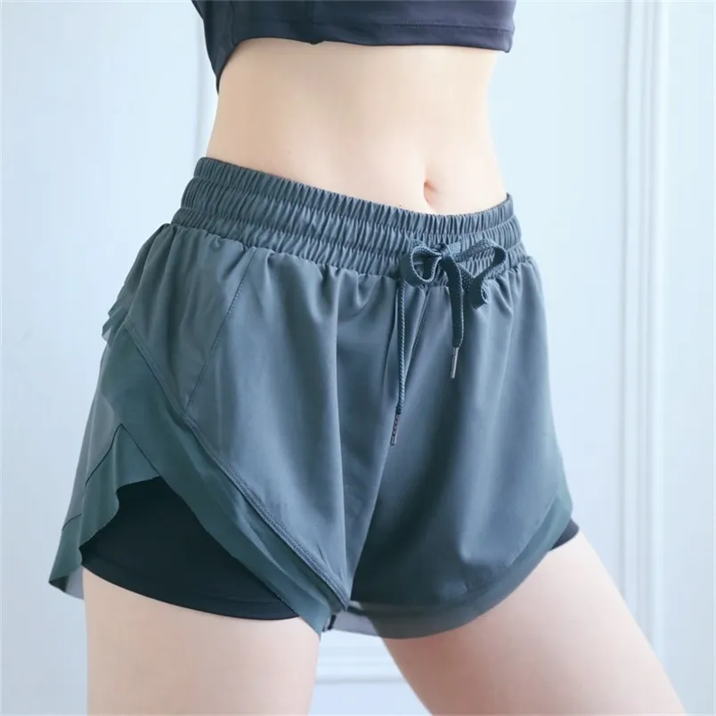 Sommar andningsbar Gym träning Shorts Kvinnor Pocket Patchwork Black High Waist Drawstring Fake Two Piece Fitness 210604