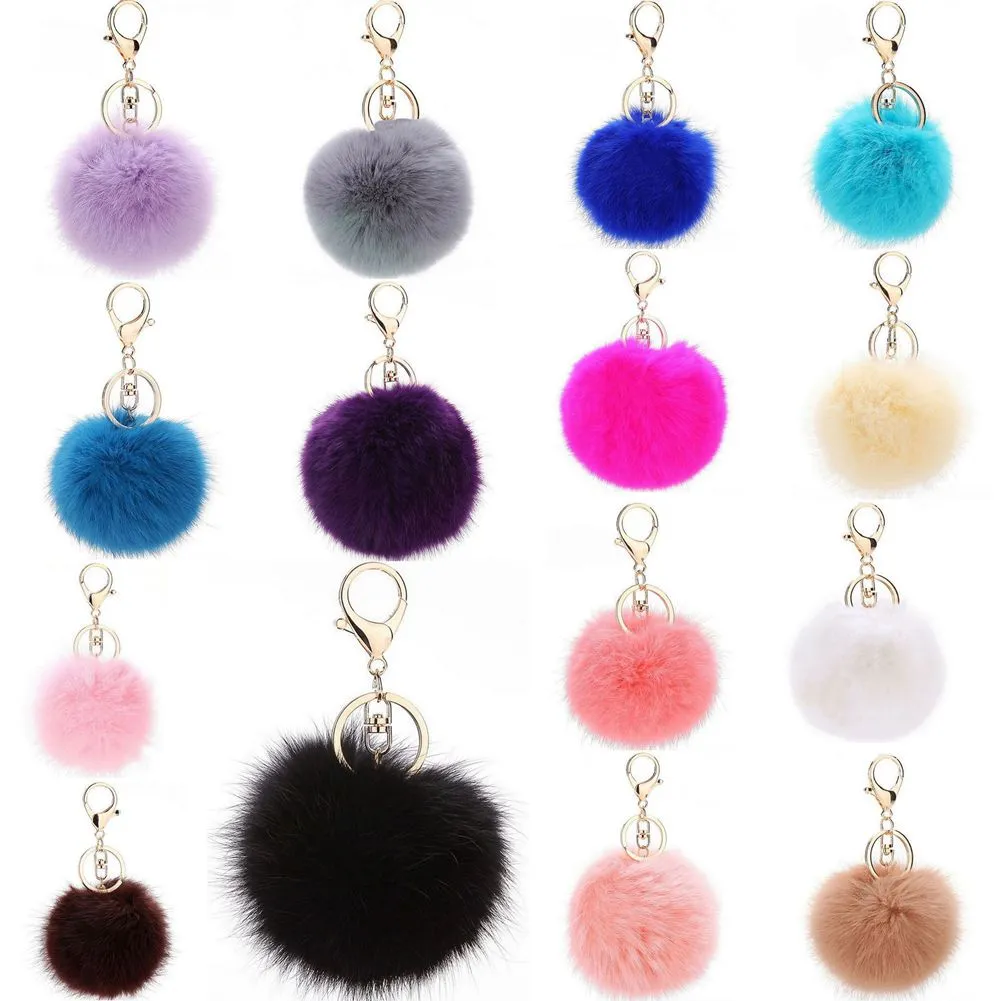 Children Office & School Supplies Gold Key Chain 7cm Pom Poms Keys Rings Fake Rabbit Fur Ball KeyChain Pompom Angel Girl Fourrure Pompon Women Bag Charms Jewelry