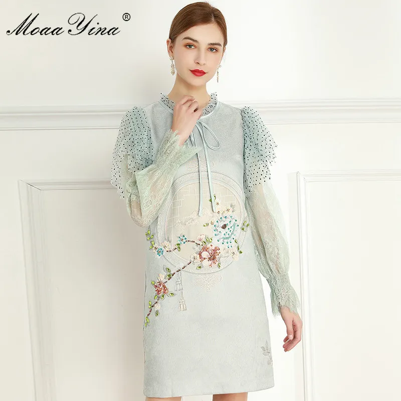 Mode Designer Klänning Sommar Kvinnors Klänning Ruffles Långärmad Blommor Beaded Vintage Dresses 210524