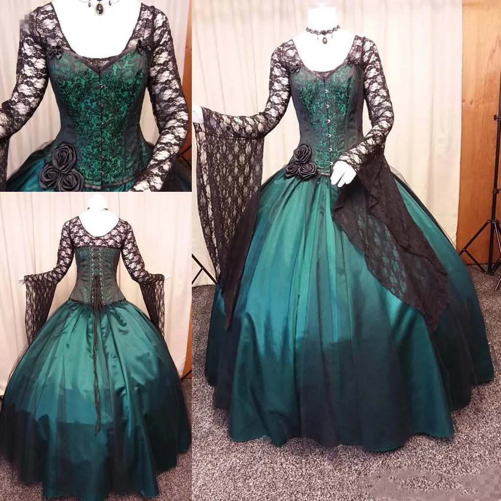 Robe de mariée gothique Vintage noir et vert à manches longues Steampunk victorien Whitby Goth à lacets robe de mariée de mariage grande taille