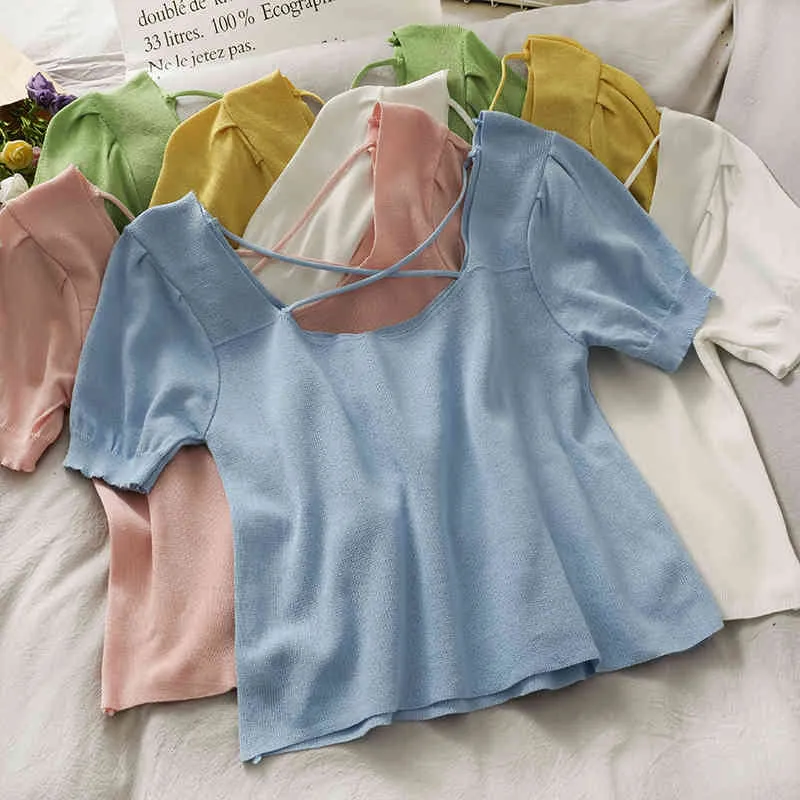 Summer Retro Wild Pure Color Slim Knit Pull T-shirt Tops Cross Open Dos Coréen Mince Puff Sleeve Top Tricoté Femmes 210420