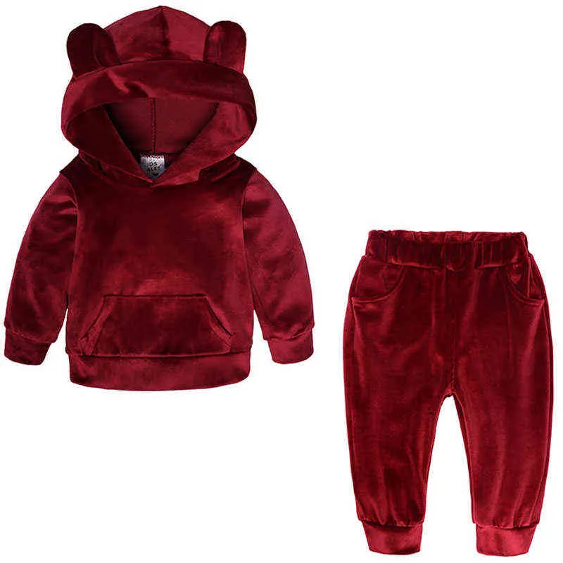 Baby Boys Girls Velvet Hooded Clothing Set Kids Jacket Coat Byxor Suit För Sport Passar Tracksuits Toddler Barnkläder Set Y220310