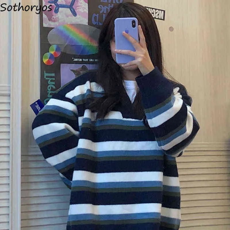 Frauen Pullover Pullover Gestreift Baggy Student Warme Getäfelten Einfache Trendy V-ausschnitt Strickwaren Jumper Weibliche Ulzzang Harajuku Outwear Y1110