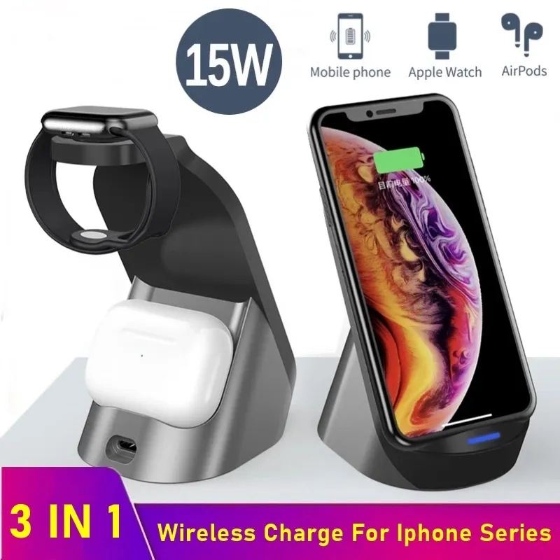 Cargador inalámbrico Qi de 15 W para Iphone XS 8 11 12 Pro Max Estación de carga inalámbrica compatible con Apple Watch 6 5 4 3 2 1 Airpods Samsung Xiao Celulares