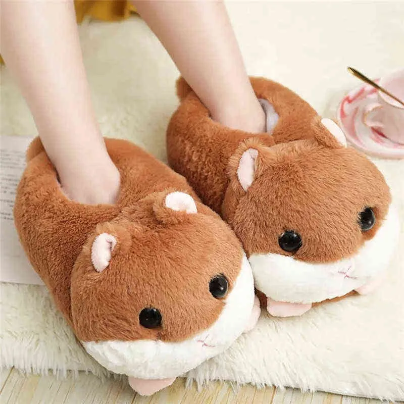 Lovely Brown Cartoon Animation Plush Women House Slippers Winter Non-Slip Kids Warm Shoes Funny Slip-On Designer Flat Shoes H1122