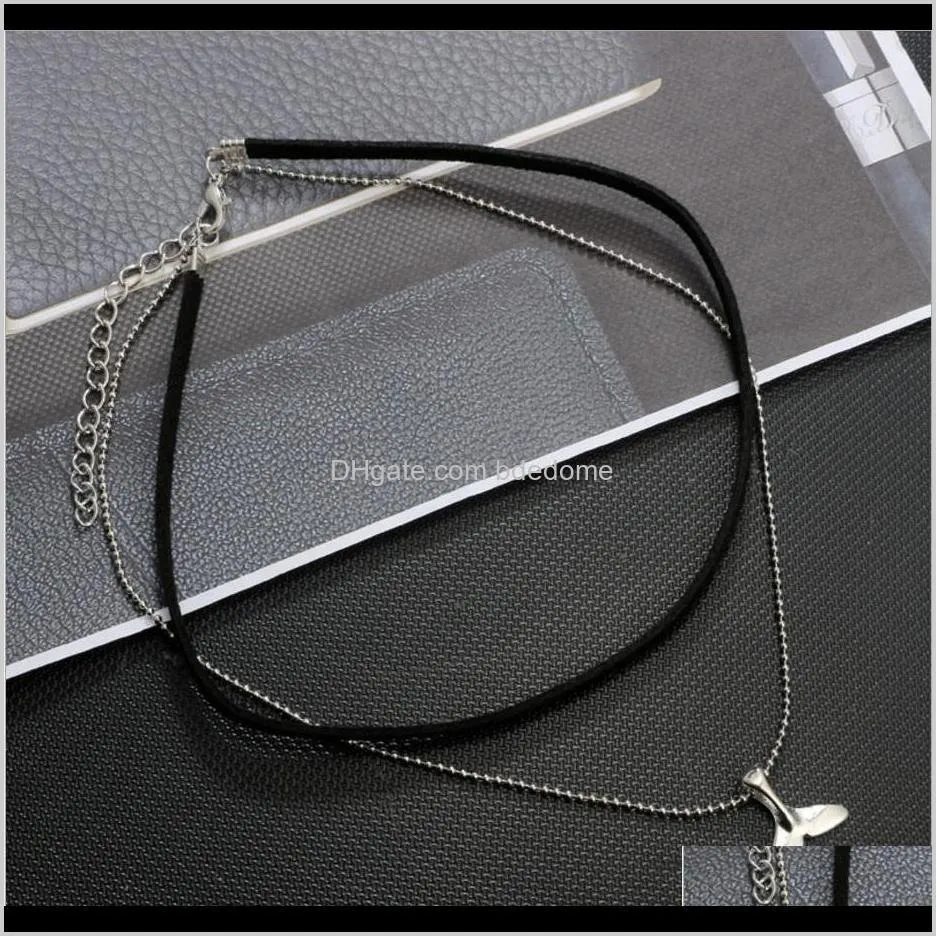 fashion two layer necklace korean velvet leather cord black color choker fish tail pendant metal chain silver plated