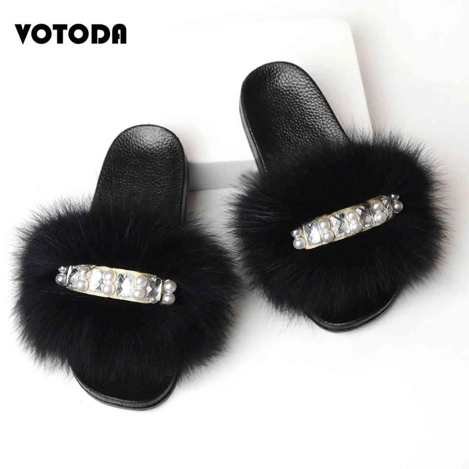 Summer Pearl Sandals Women's Furry Fur Slippers Luxury Elegant Fox Fur Slides Fluffy Soft Fur Flip Flops Girls Cute Chain Shoes H1122