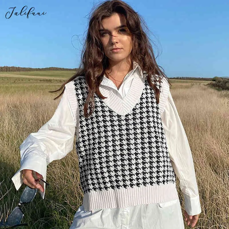 Sweater Vest Women Autumn Spring New Clothes Fashion Blue Houndstooth Plaid V Neck Sleeveless Knitted Jumper Waistcoat Tops 210415