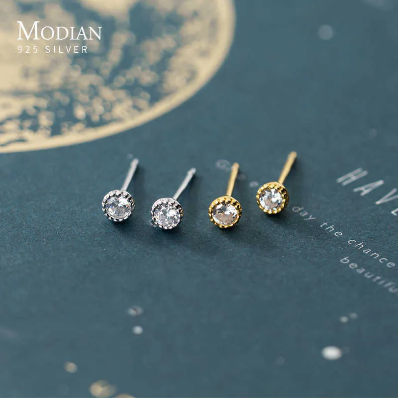 Cute Round Zircon Gold Color Stud Earring for Women Real 925 Sterling Silver Anti-Allergy Ear Pin Fine Jewelry Girl Gift 210707