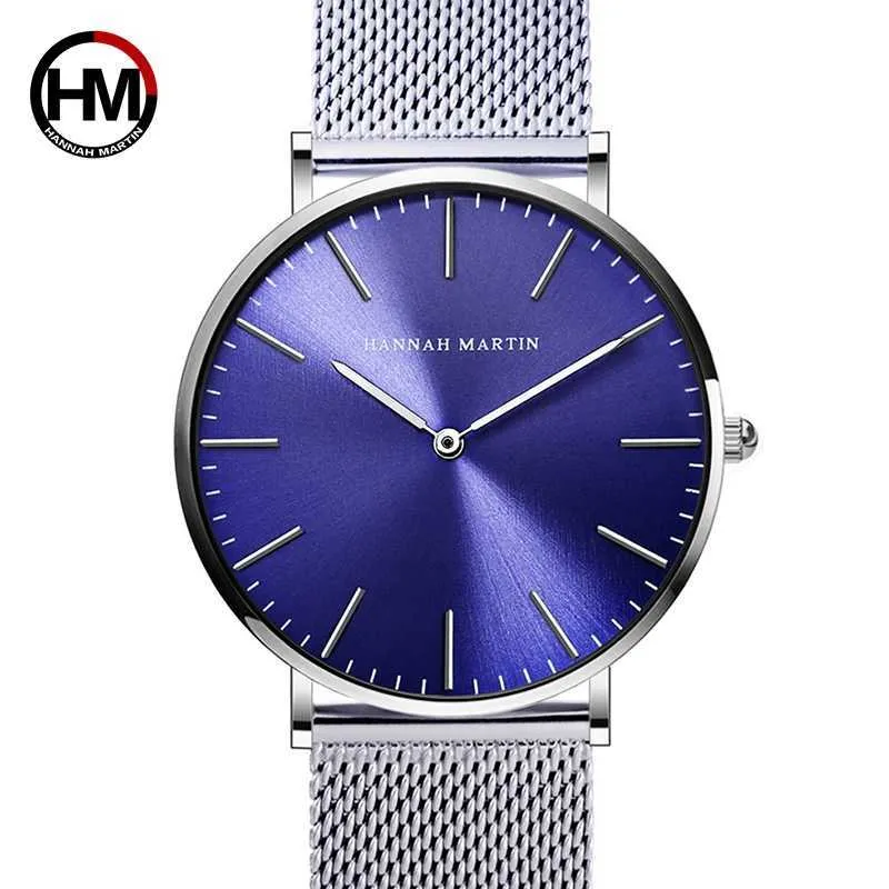 Homens Malha de Aço Inoxidável Japão Movimento de Quartzo Impermeável Dial Azul Relógio de Pulso Moda Simples Elegante Top Luxury Brand Relógios 210527