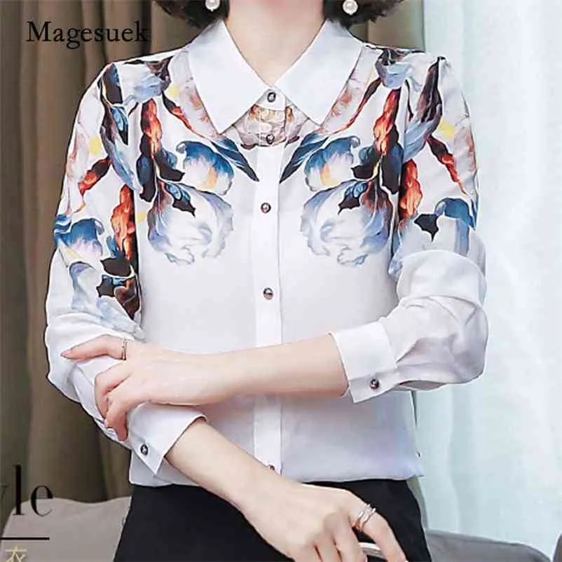 Primavera e outono camisa de seda branca de mangas compridas mulheres elegante retrô impresso mulberry quimisier femme 10720 210518