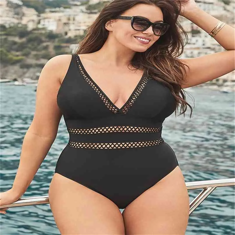 Mesh Insert High Waist Plus Size Swimsuits V Neck Swimwear Push Up Swim Suit for Women Ladies Bathing Suits Black 8xl 210611