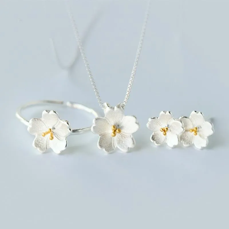 Earrings & Necklace 2021 Trendy Cherry Blossoms Flower Jewelry Set For Women Elegant Silver Color Ring Chain Sets Gift