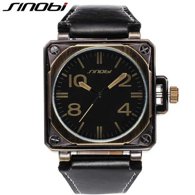 Orologi da polso al quarzo da uomo Sinobi Cassa in bronzo da uomo Cinturino in pelle nera resistente Cinturino da uomo di forma quadrata Orologio al dettaglio Relogio Masculino Q0524