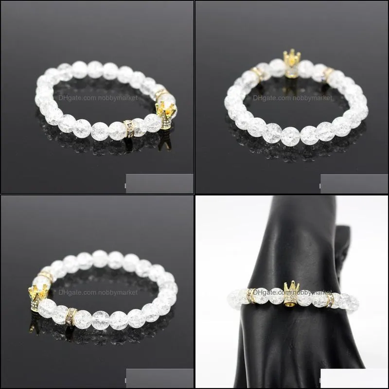 Men and Women White CZ Gold King Crown Natural stone Charm Strands Bracelet Dull Polish White Popcorn Stone Bead Bracelet Yoga Jewelry