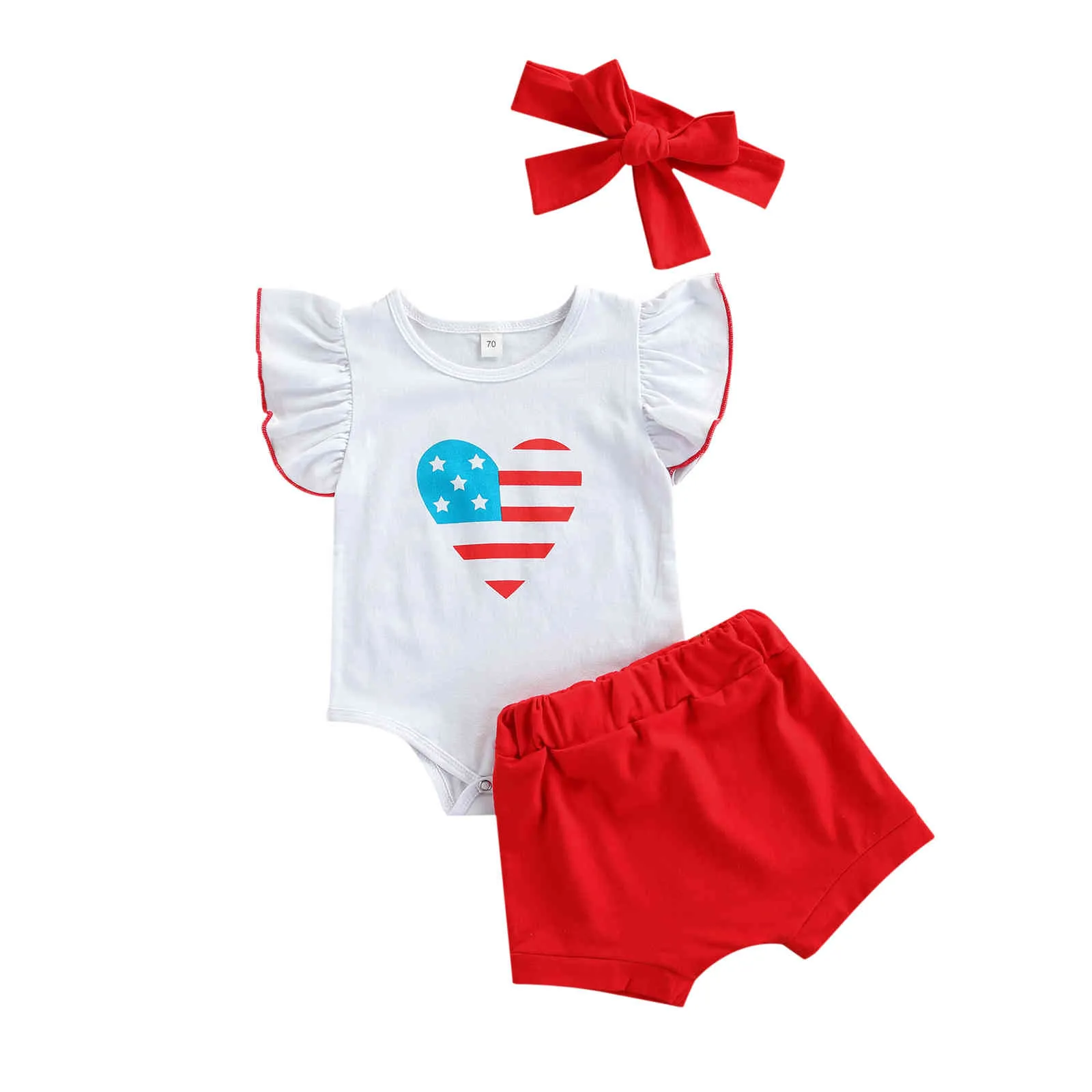 0-24m Independence Day Summer Born Infant Baby Girls Kläder Set Kortärmad Hjärttryck Romper Shorts Outfits 210515