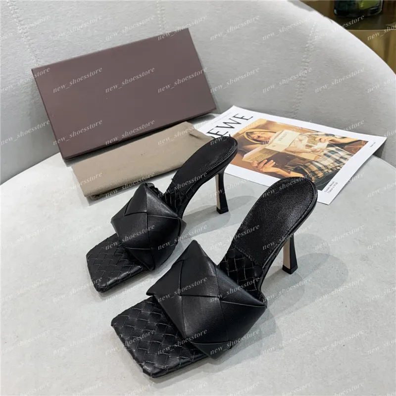 Klassiska kvinnor höga klackar lido sandaler tofflor damer wed glides fyrkantiga mulor sommar slipper vävt läder sexig fest 9cm sandal skor