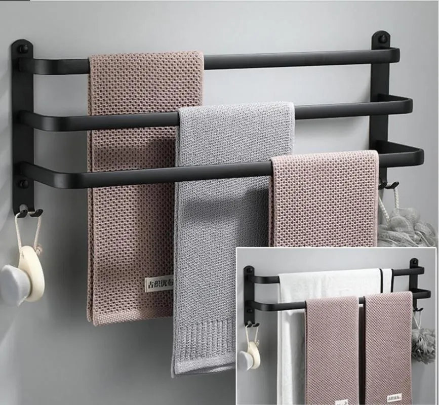Colgador de toalleros, estante de aluminio negro mate, soporte montado en la pared, organizador de baño, estante de barra, gancho de cocina