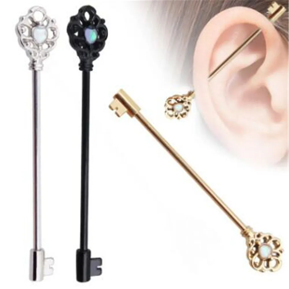 Gold Key Ear Scaffold Bar Barbell Cartilage Earring Body Industrial Piercing Ethnic Indian Jewelry