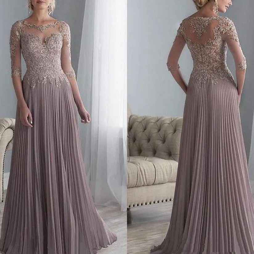 2022花嫁のドレスのエレガントなクルーネックシフォンマザープレートAラインロングサマービーチ結婚式ゲストガウンハーフスリーブ床の長さグルーミンのイブニングドレス