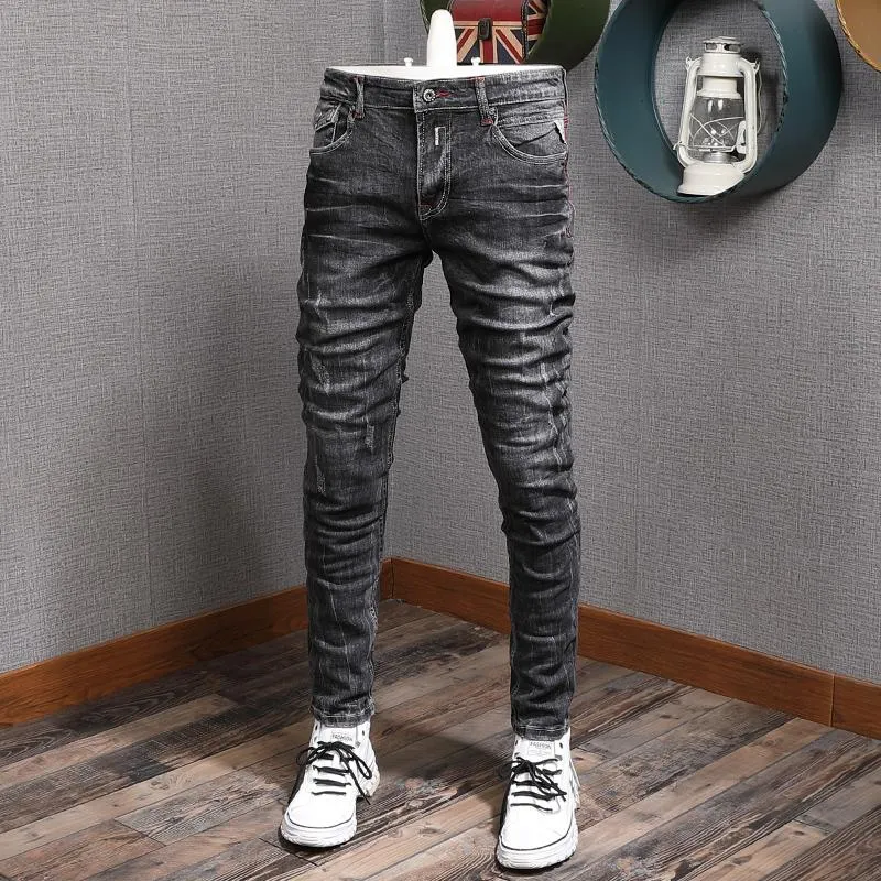 Mäns jeans mode repade gråa svarta män höst bomull streetwear slim fit denim byxor