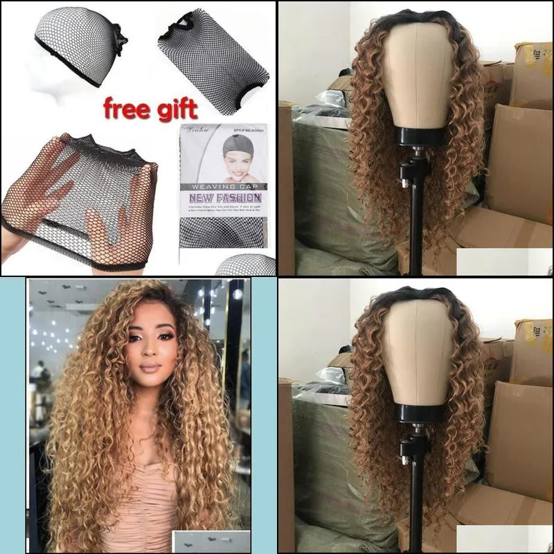 Synthetic Wigs Wig Women`s Long Curly Hair African Small Curl Dyed Black Gradual Brown Fiber Headcover
