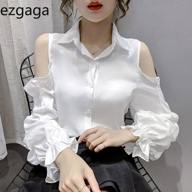 Ezgaga Elegant Blouse Women Puff Sleeve Turn-Down Collar Korean All-Match Solid Slim Off Shoulder Fashion Female Shirts Sexy 210430