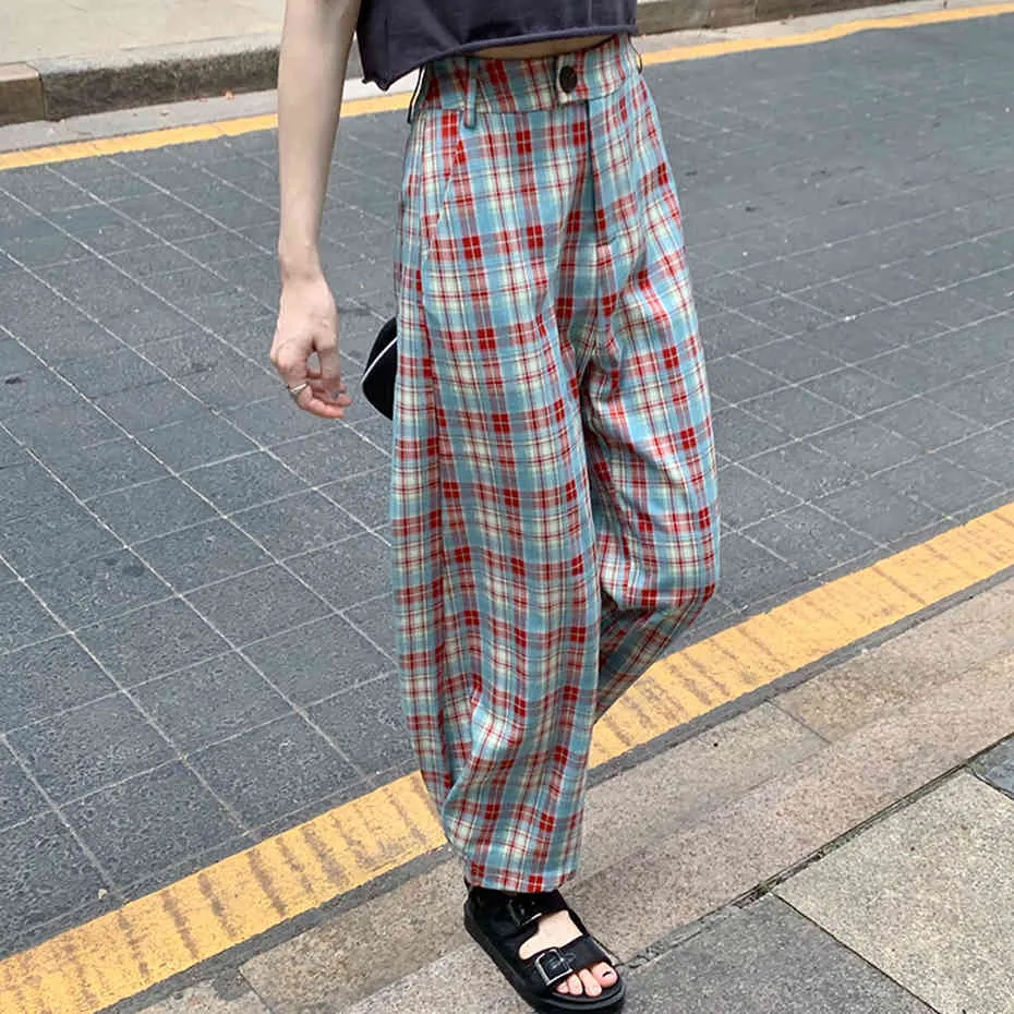 Корейский стиль длинные брюки плед мода уличная одежда Женщины плюс размер повседневные высокие талии брюки женские винтажные штаны широкие брюки ноги дамы 210416