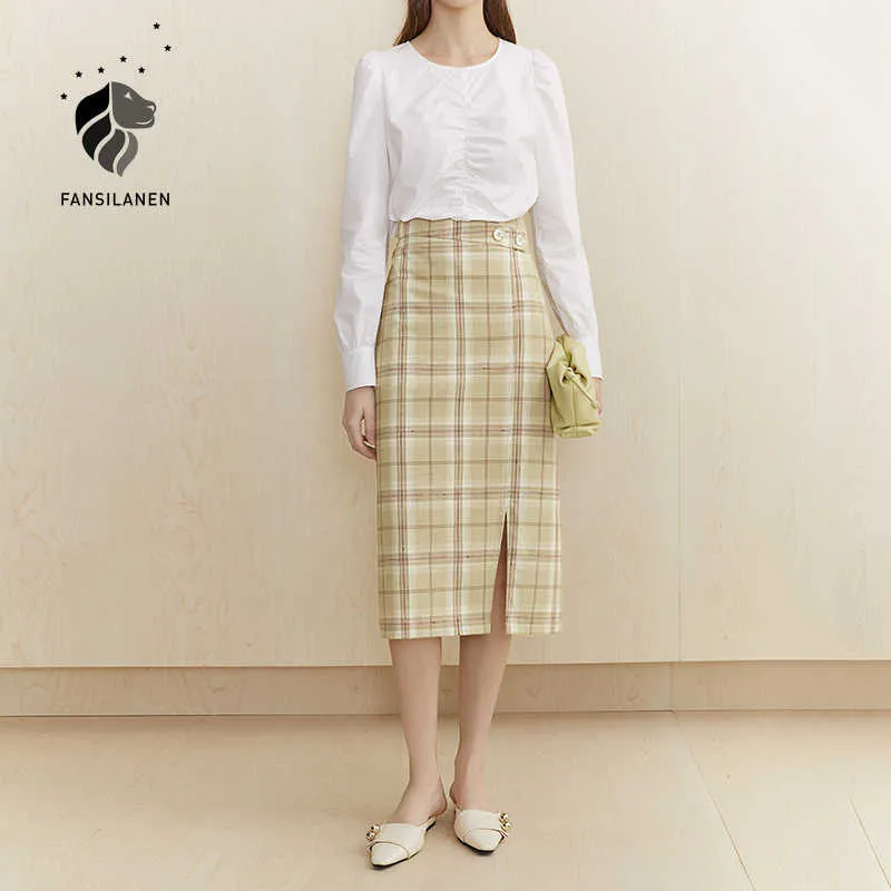FANSILANEN High waist elegant yellow long plaid skirt Women sexy split vintage pencil Office lady checkered bodycon 210607