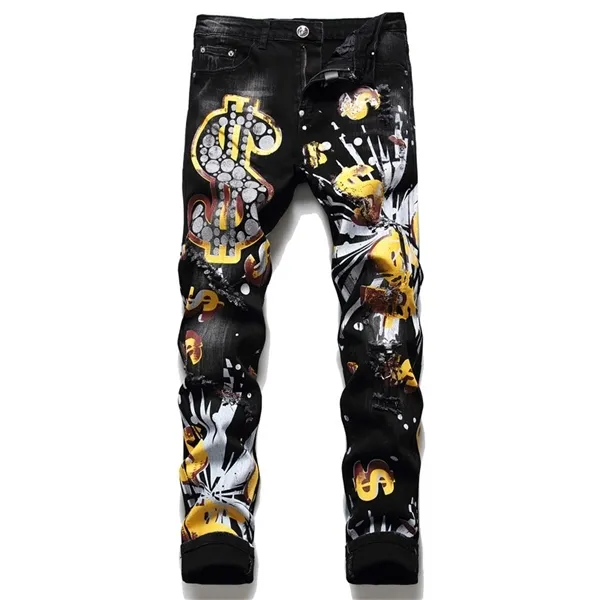 Trendy Money Icon Printed Jeans Men Black Gold Four Season Slim Fit Pants Hip Hop Dance Party Denim Fashion