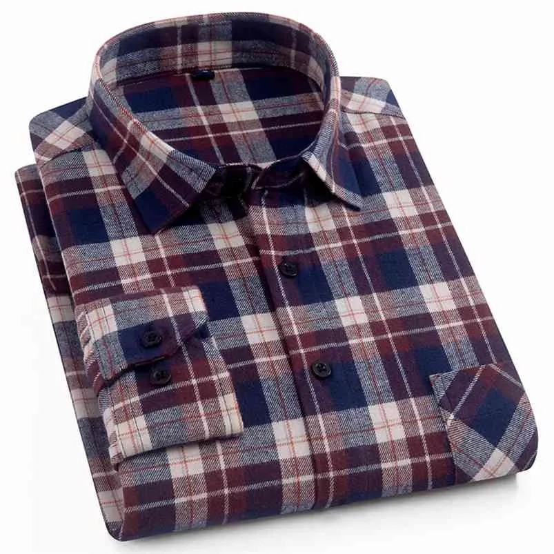 Aoliwen Men Flannel с длинным рукавом 100% хлопок Palid рубашка высокого качества бренд мода одежда кнопка вниз повседневные рубашки 210721