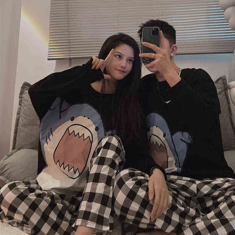 Qweeek Linda Tiburón Impresión Pijamas De Mujer Autumn Pareja Plaid  Sleepwear Black Pijama Kawaii Manga Larga Pijamas Loungewear Traje PJS  211106 De 23,43 €