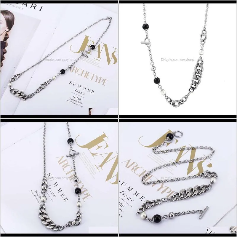 pendants men`s women`s punk versatile personality fashion geometry black and white pearl mosaic diamond chain necklace