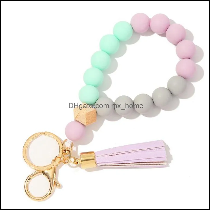 Jewelry 9 Colors Wooden Tassel Bead String Bracelet Keychain Food Grade Silicone Beads Bracelets Women Girl Keyring Wrist Strap Z5119