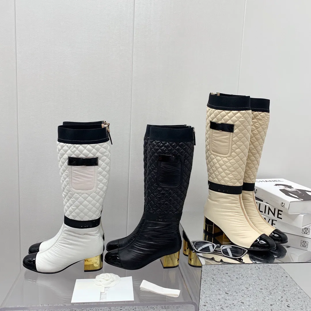 2022 COMBED Diz Botları Kadın Yumuşak Aşağı Ayakkabı Tasarımcısı Orta Topuk Ayakkabı Su Geçirmez Naylon Üst Kış Boot Büyük Boyut 35-41
