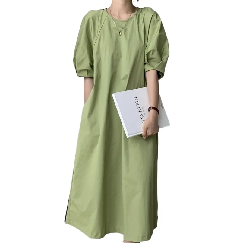 ファッショナブルな女性のドレス夏のシンプルな怠惰なゆるい中長のプリーツデザインパフスリーブラウンドネック210520
