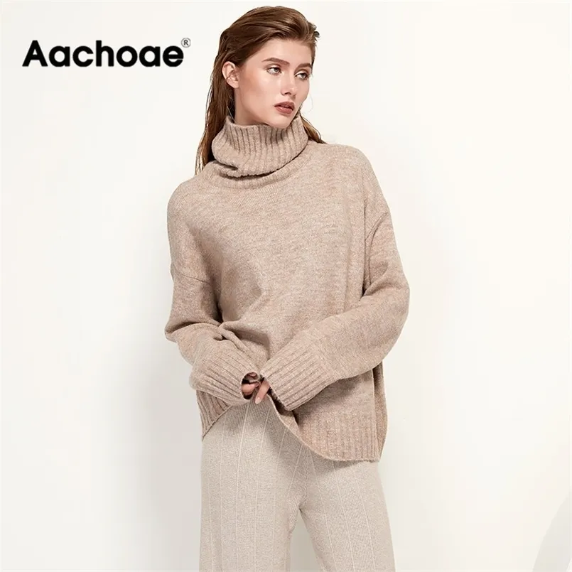 Aachoae Autumn Winter Women Knitted Turtleneck Wool Sweaters Casual Basic Pullover Jumper Batwing Long Sleeve Loose Tops 211103