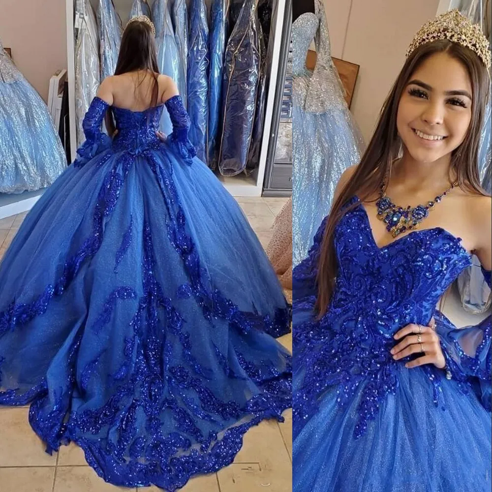 2021 Luxe Royal Blue Quinceanera Jurken Sweetheart Pailletten Kant Applicaties Lange Mouwen Sweet 16 Floor Lengte Lovertjes Baljurk Party Prom Avondjurken