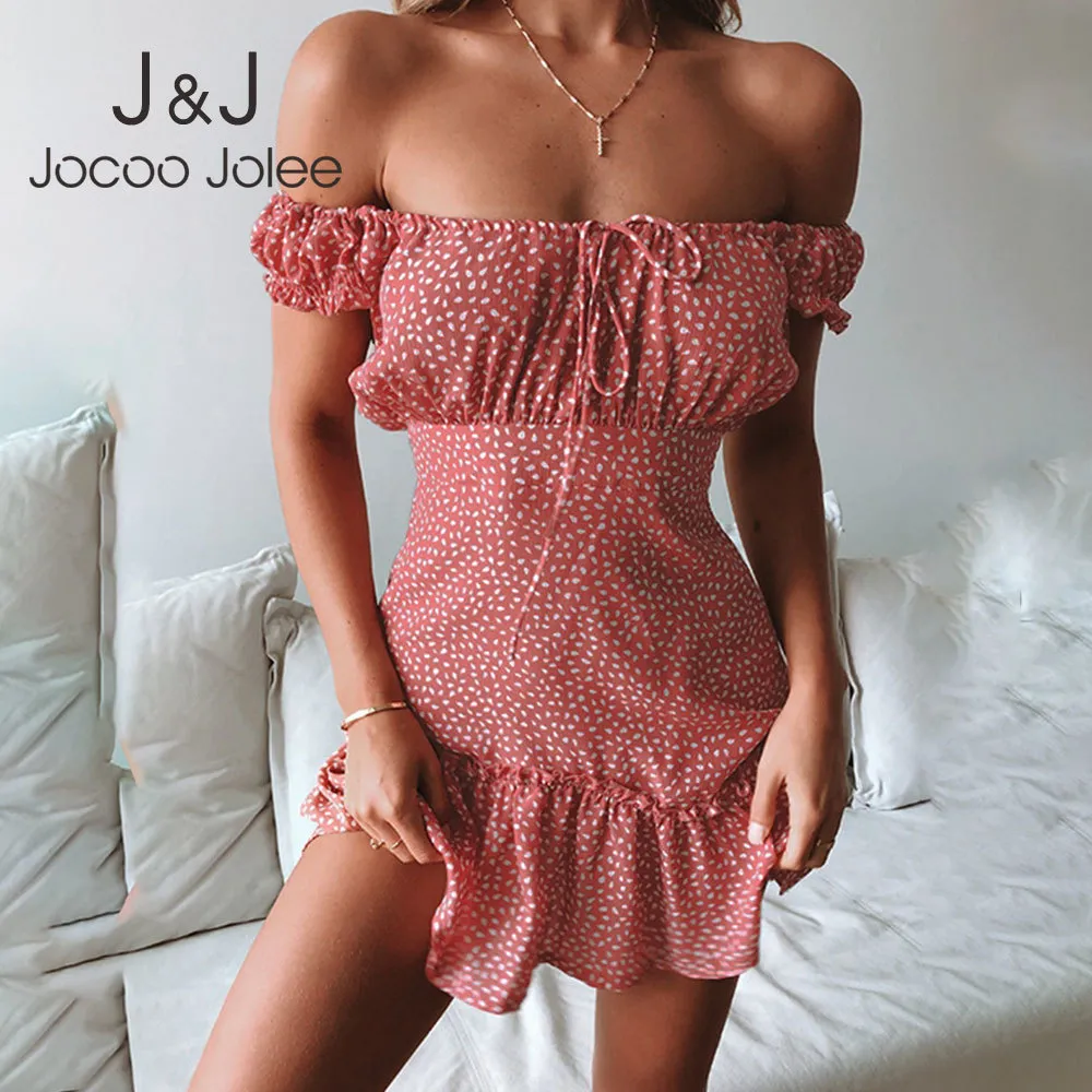 Jocoo Jolee Femmes Casual Manches Courtes Volants Mini Robe Sexy Hors Épaule À Lacets À Pois Slim A-ligne Robe Beach Party Robe 210518