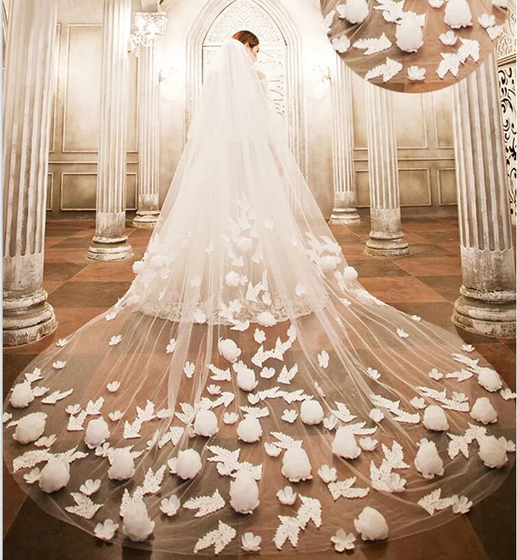웨딩 베일 1 계층 긴 대성당 3D 꽃 아플리케 빗과 신부를위한 절묘한 우아한 신부 베일