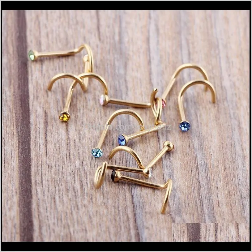 mix colors rhinestone nose studs screw ring bone bar body piercing jewelry gold silver nose pin