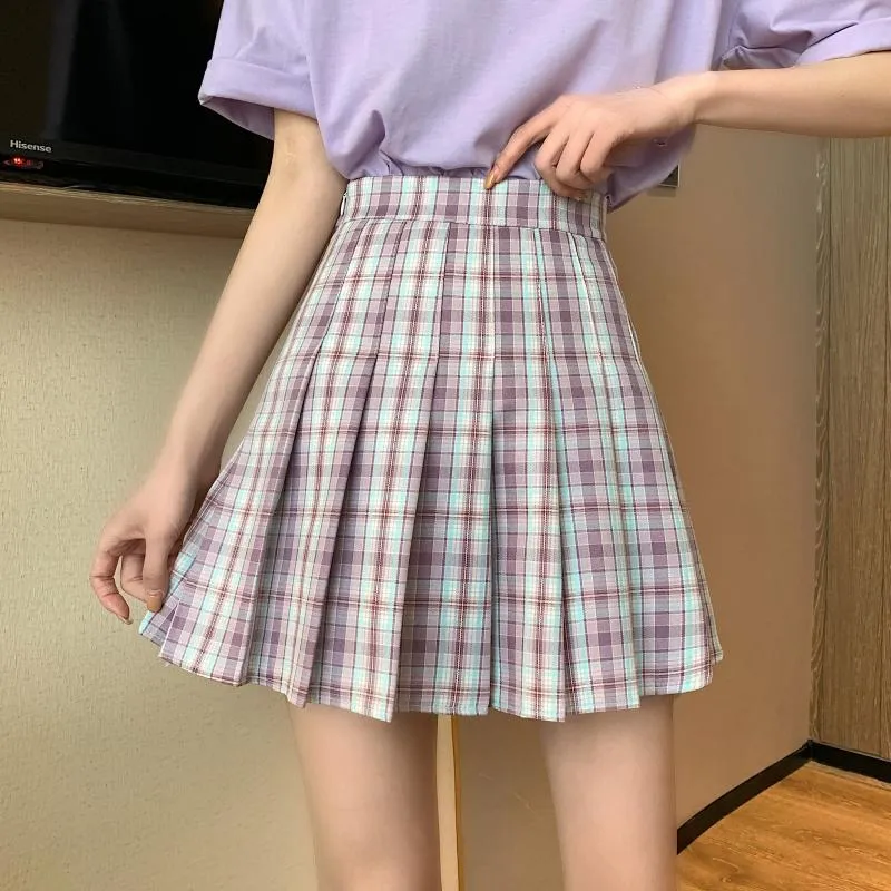 Kjolar japanska pläterad kjol söt avslappnad söt hajuku gitter vintage stor storlek roligt mode ulzzang chic hög midja ins