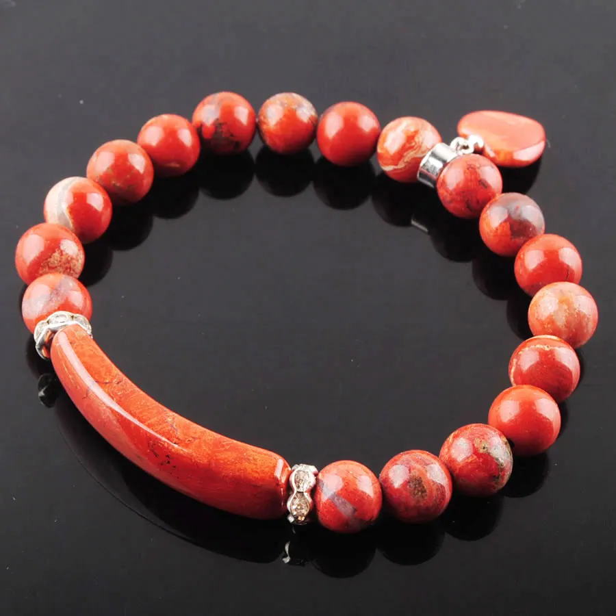 Wojiaer naturliga stenpärlor Red River Jasper Strand Armband Bangles Heart Shape Charm Passning Women Jewelry Love Gifts K3321