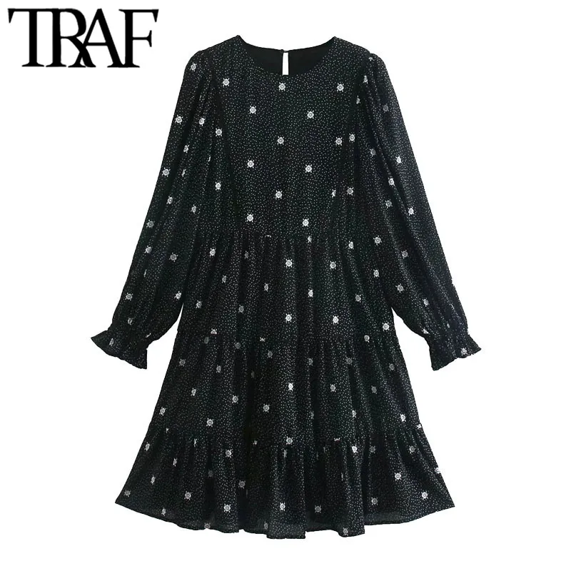 TRAF Women Chic Fashion Patchwork Printed Ruffled Mini Dress Vintage Long Sleeve With Lining Female Dresses Mujer 210415