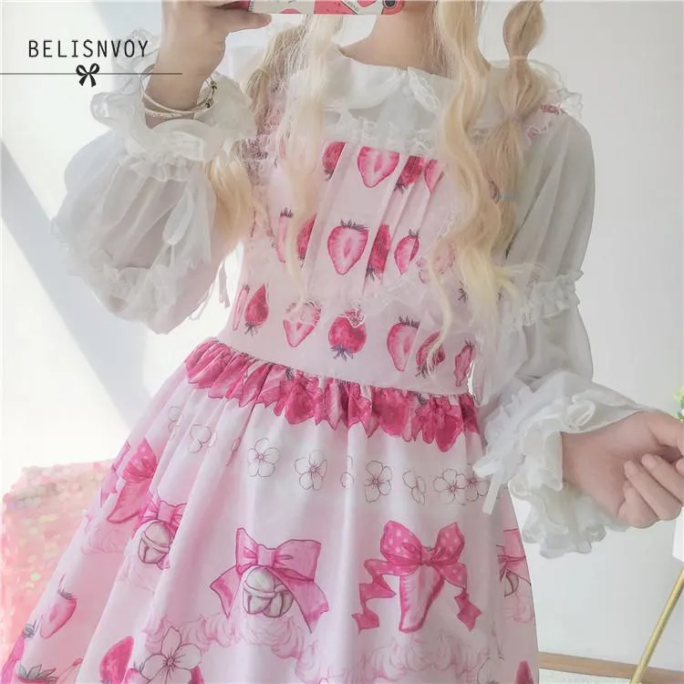 Pink Midi Summer Dress, Sweet Strawberry Sleeveless Lolita