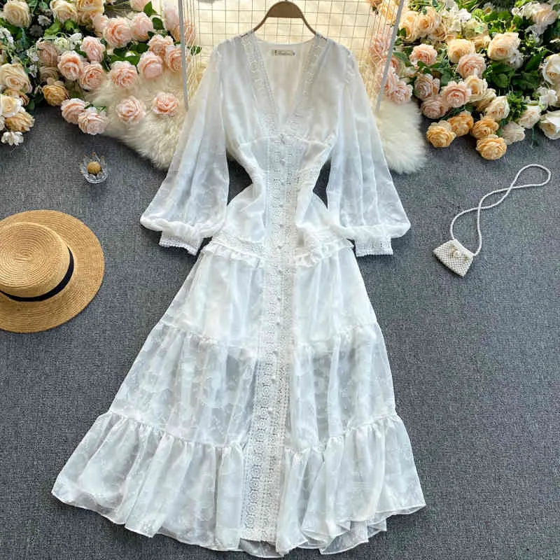 SINGREINY French Elegant Long Dress Women V Neck Puff Sleeve Solid A-line Dresses Spring Fashion Streetwear Ruffles Long Dress 210419