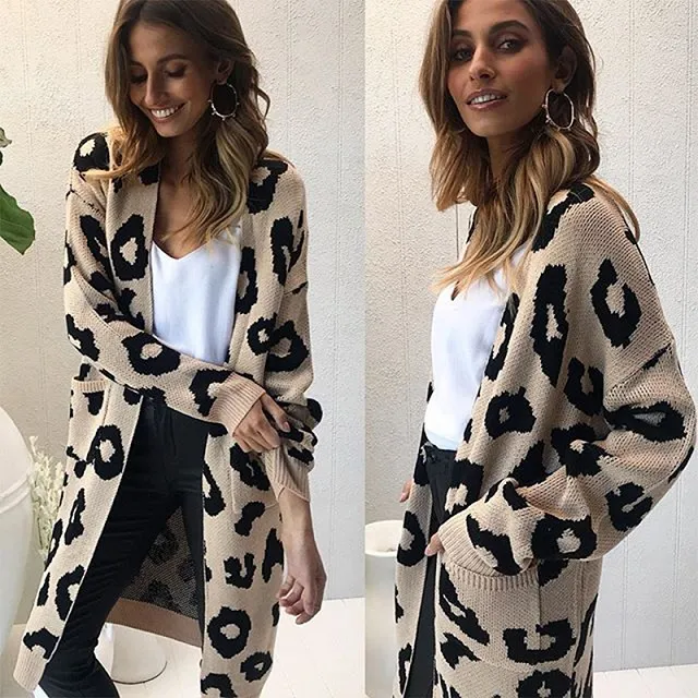 Ladies Leopard Print Cardigan Women Sexy Knitted Sweaters Female Long Sleeves Trendy Style Sweater Women's Outdoor Street Warm Cardigans