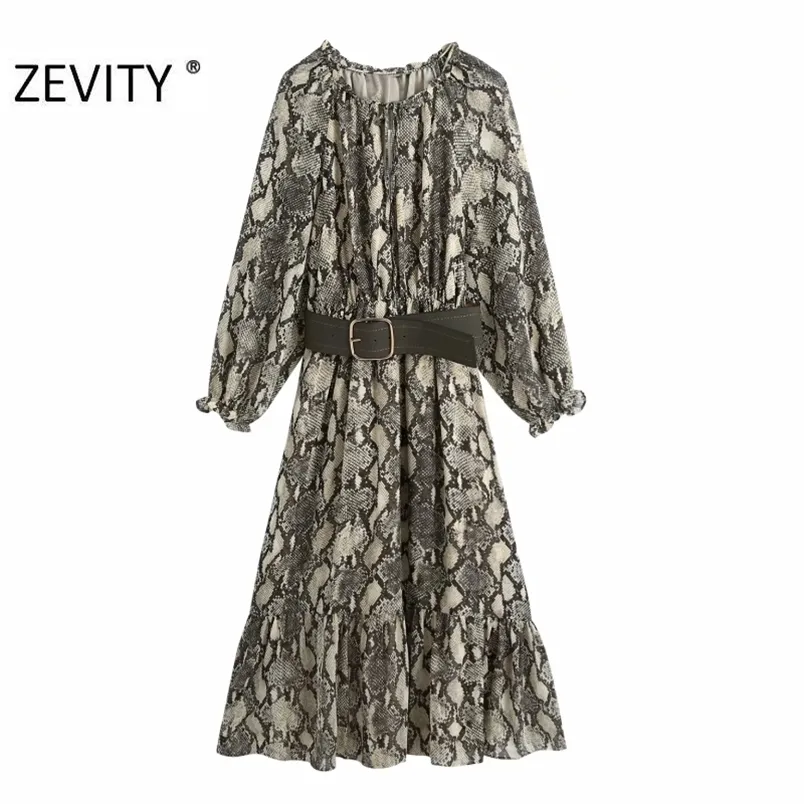 Vrouwen Vintage Snake Skin Print Sjerpen Midi Jurk Vrouwelijke Dier Textuur Geplooide Ruches Kimono Vestido Chic Jurken DS4474 210420