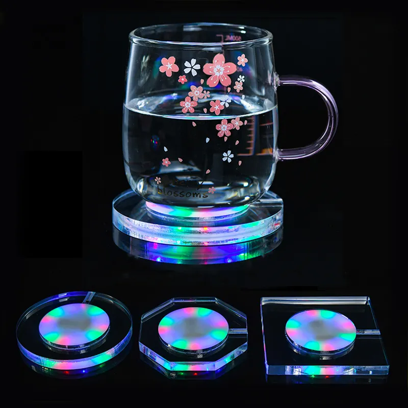 LED Coaster Cup Holder Mug Stand Light Acrylic Drink Beer Cocktail Glass Colorful Glow Lights for Bar Party Table Decor