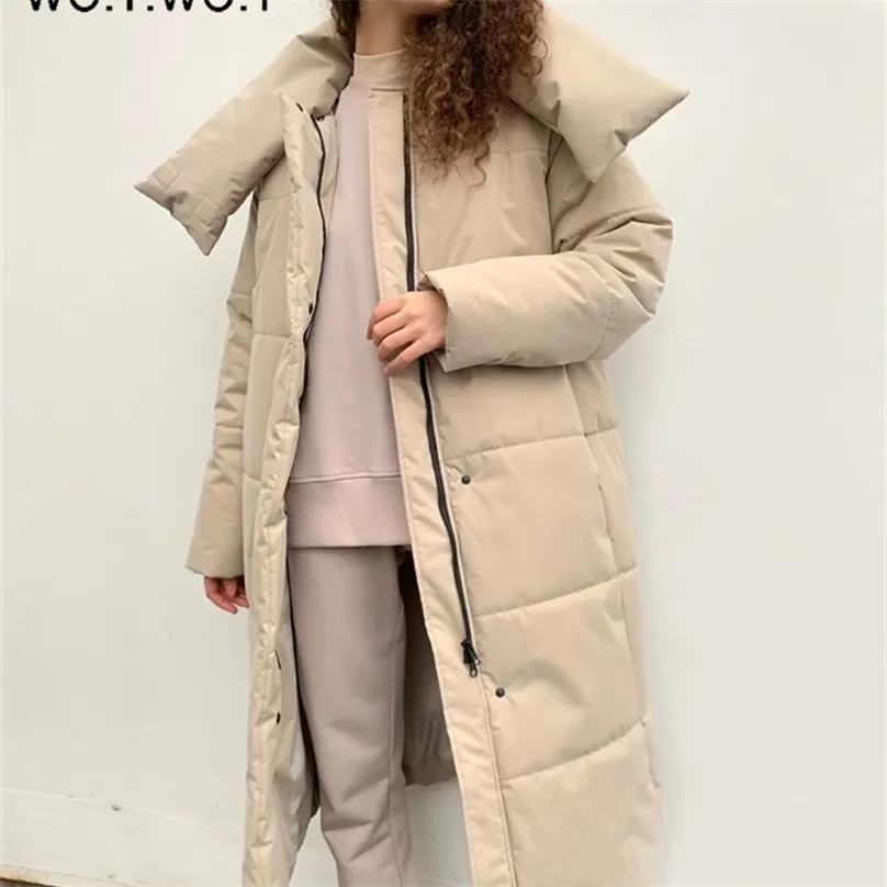 WOTWOY surdimensionné long épais rembourré Parkas femmes taille large doublure en coton vestes d'hiver femme coupe ample décontracté solide manteau 211216